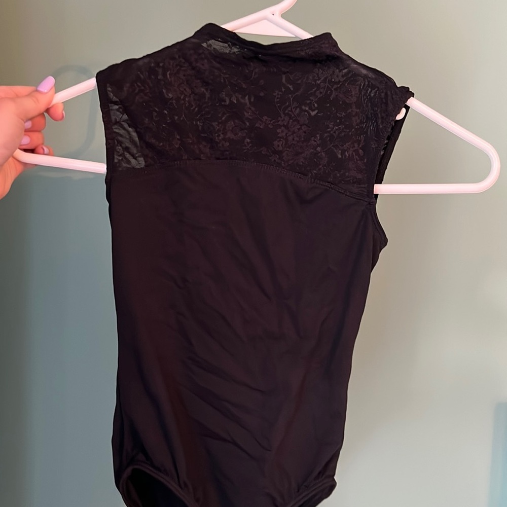 Motionwear black leotard- beautiful soft lace back and top. Child medium, 8-10